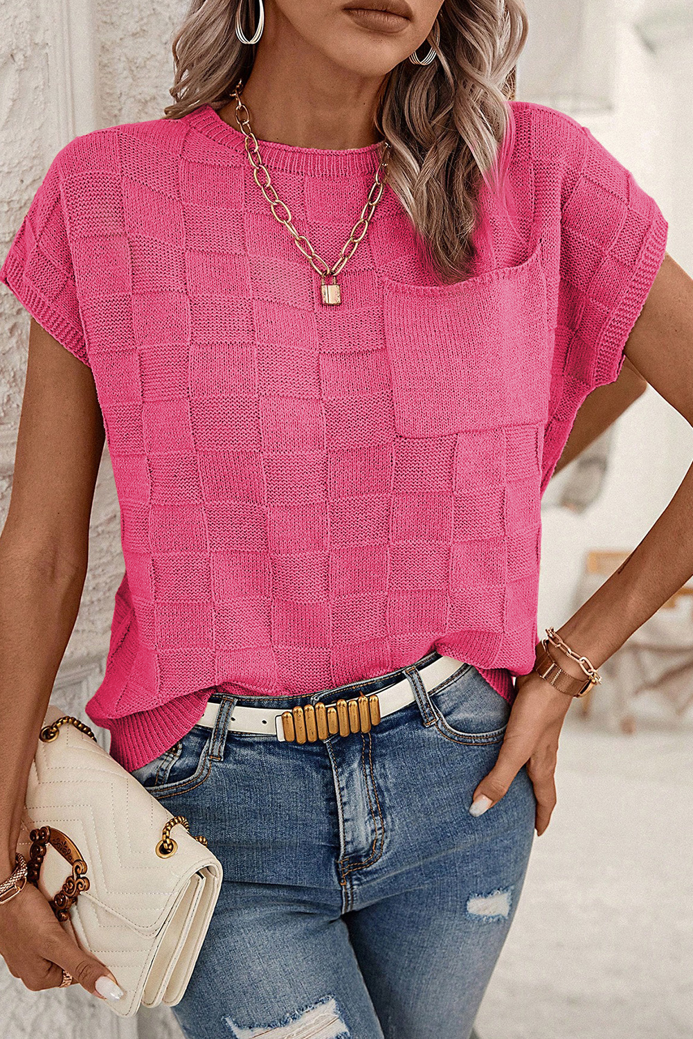 Women's Bright Pink Sweater, Lattice Knit Short Sleeve Top - Detail View 4 Women's Bright Pink Sweater, Lattice Knit Short Sleeve Top - Detail View 4