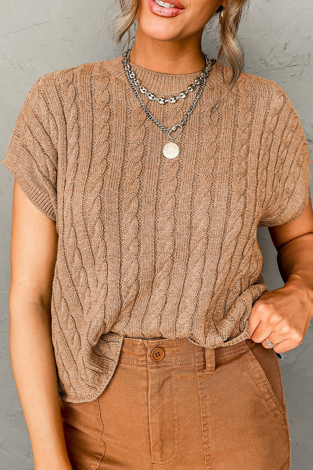 French Beige Knit Top, Women's Textured Short Sleeve Shirt - Detail View 2 French Beige Knit Top, Women's Textured Short Sleeve Shirt - Detail View 2