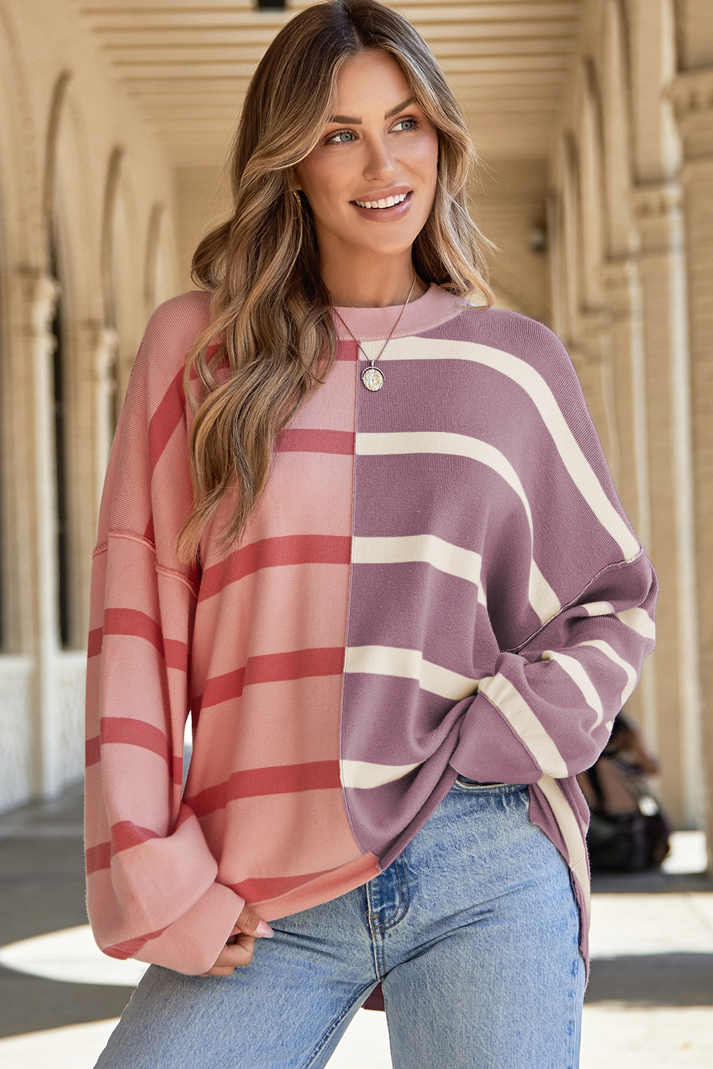 Stay warm and stylish this winter with this Women's Oversized Pink Stripe Colorblock Crew Neck Sweater. The oversized fit makes it perfect for different body shapes, while the stripe and color block designs add a touch of femininity and playfulness to your outfit. The round neck and long sleeves provide a comfortable and practical design. This sweater is versatile and can be paired with any fashion pants, making it a must-have addition to your winter wardrobe. Made from a soft and cozy blend of 50% viscose, 28% polyester, and 22% polyamide, this sweater ensures both warmth and durability. The pink stripe color adds a pop of color to your outfit, perfect for casual daily wear. - Detail View 4 Stay warm and stylish this winter with this Women's Oversized Pink Stripe Colorblock Crew Neck Sweater. The oversized fit makes it perfect for different body shapes, while the stripe and color block designs add a touch of femininity and playfulness to your outfit. The round neck and long sleeves provide a comfortable and practical design. This sweater is versatile and can be paired with any fashion pants, making it a must-have addition to your winter wardrobe. Made from a soft and cozy blend of 50% viscose, 28% polyester, and 22% polyamide, this sweater ensures both warmth and durability. The pink stripe color adds a pop of color to your outfit, perfect for casual daily wear. - Detail View 4