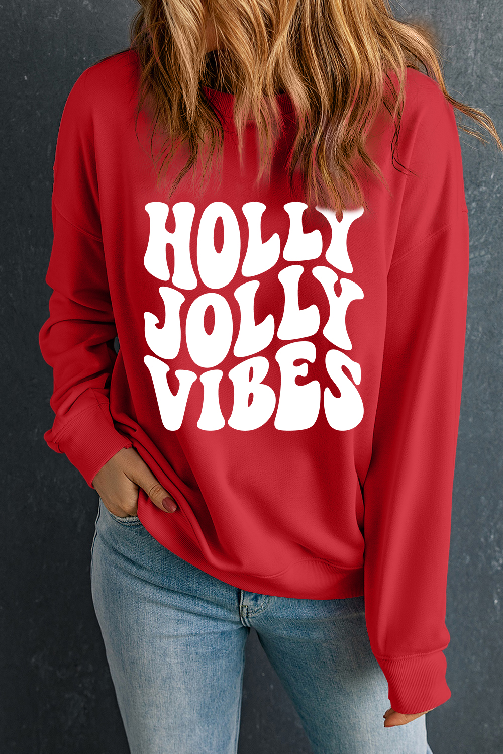 Women's Red Holiday Graphic Crewneck Sweatshirt - HOLLY JOLLY VIBES - Detail View 6 Women's Red Holiday Graphic Crewneck Sweatshirt - HOLLY JOLLY VIBES - Detail View 6