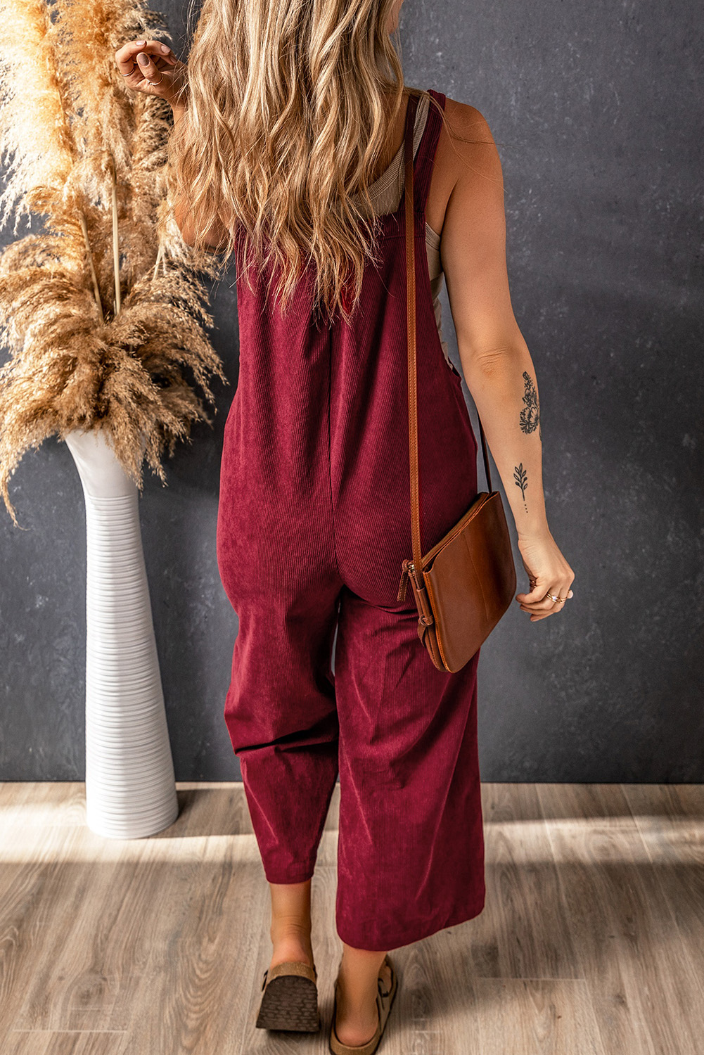 Red Wide Leg Bib Overalls, Comfortable Daily Corduroy Pants - Detail View 3 Red Wide Leg Bib Overalls, Comfortable Daily Corduroy Pants - Detail View 3