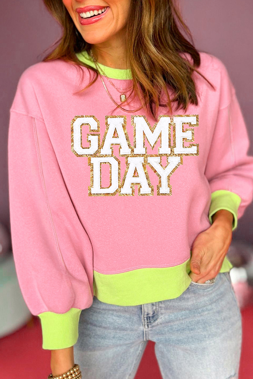 Women's Pink Glitter Game Day Color Block Crew Neck Sweatshirt - Detail View 6 Women's Pink Glitter Game Day Color Block Crew Neck Sweatshirt - Detail View 6