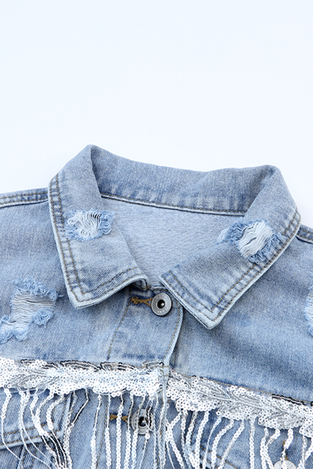 Casual Sequin Tassel Denim Jacket, Women's Long Sleeve Outerwear - Detail View 12 Casual Sequin Tassel Denim Jacket, Women's Long Sleeve Outerwear - Detail View 12