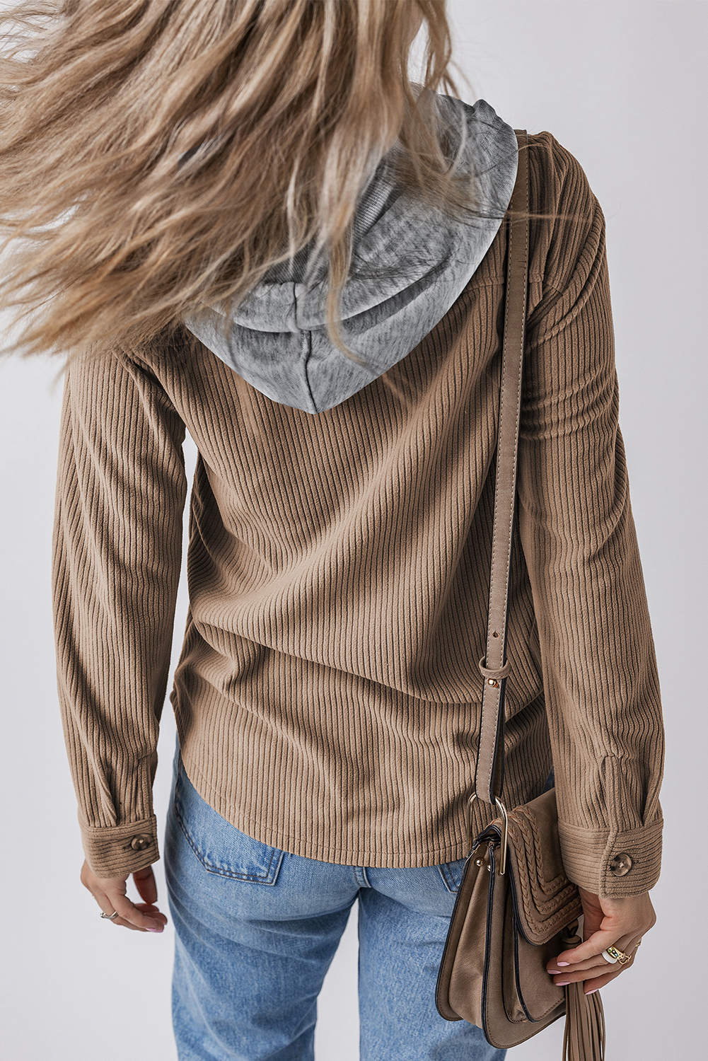Classic and Fashionable Women's Corduroy Shacket - Pale Khaki - Detail View 2 Classic and Fashionable Women's Corduroy Shacket - Pale Khaki - Detail View 2