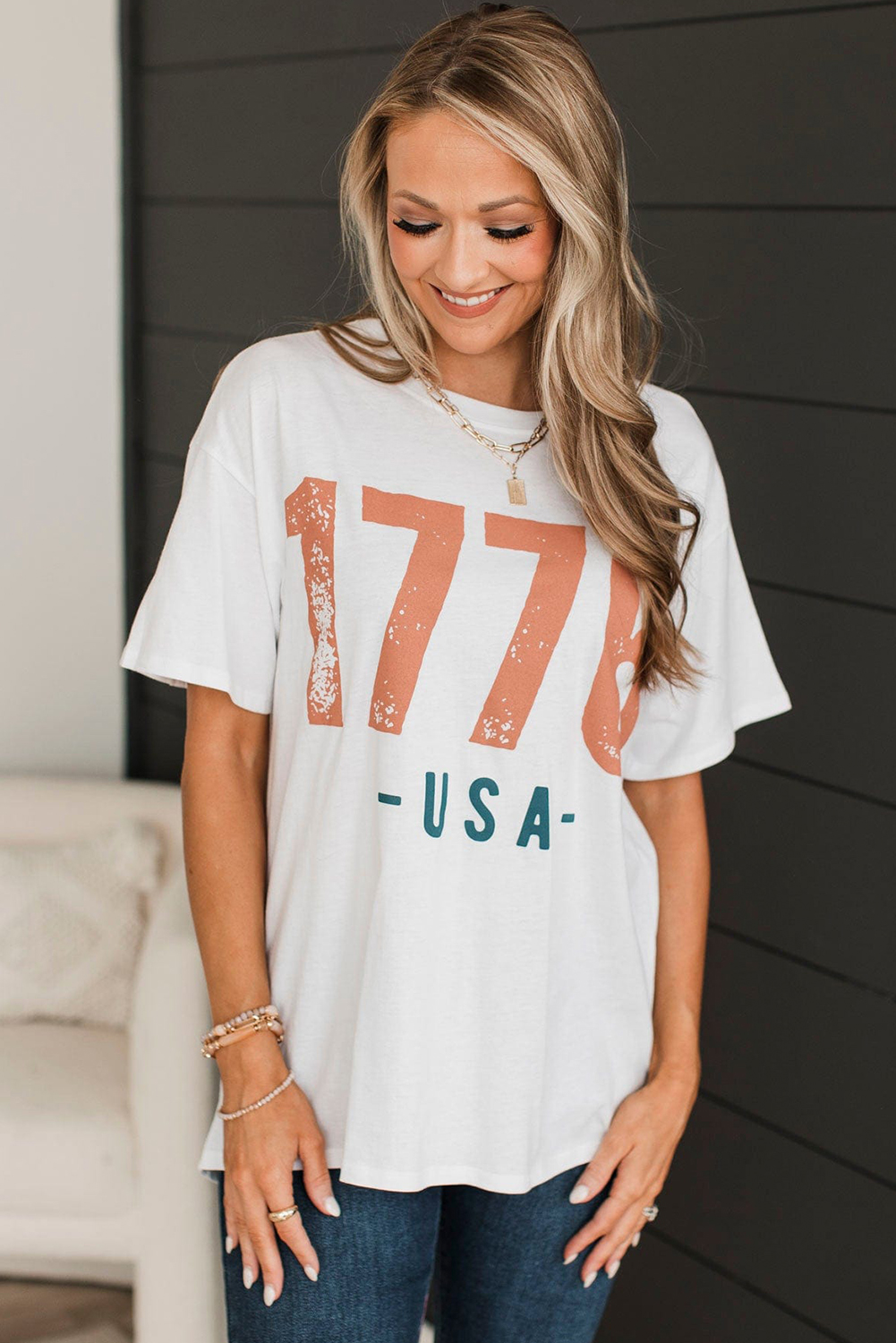 White 1776 USA Graphic Shirt, Comfortable Cotton Blend Casual - Detail View 6 White 1776 USA Graphic Shirt, Comfortable Cotton Blend Casual - Detail View 6