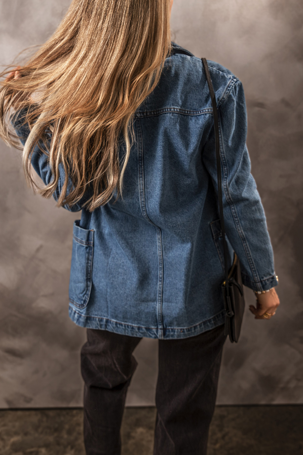 Stylish Women's Outerwear: Solid Color Denim Jacket with Functional Pockets - Detail View 3 Stylish Women's Outerwear: Solid Color Denim Jacket with Functional Pockets - Detail View 3