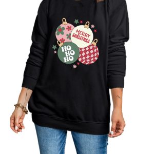 Women's Black Floral Letter Christmas Ball Graphic Crewneck Pullover Sweatshirt - Main View