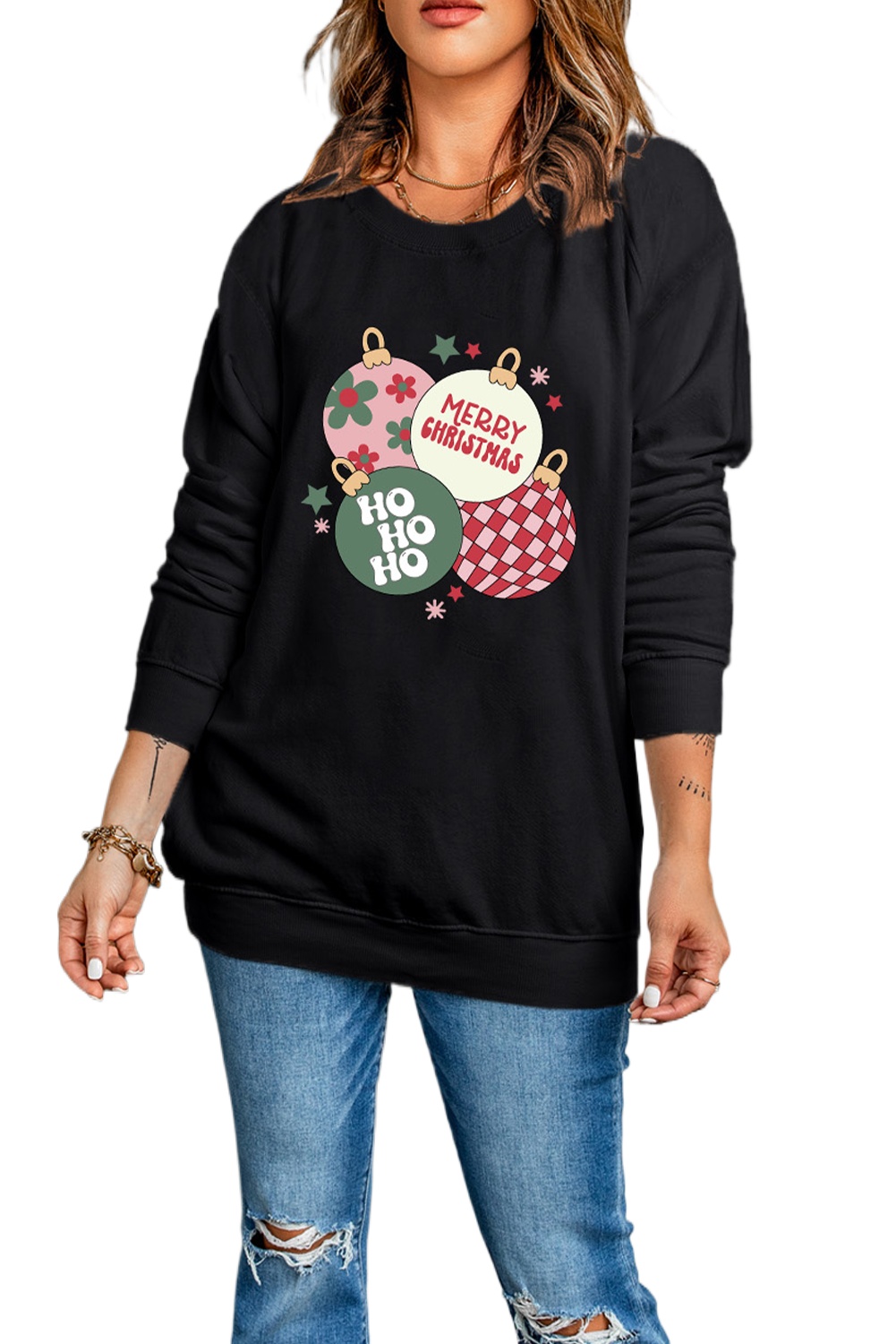 Women's Black Floral Letter Christmas Ball Graphic Crewneck Pullover Sweatshirt - Main View Women's Black Floral Letter Christmas Ball Graphic Crewneck Pullover Sweatshirt - Main View