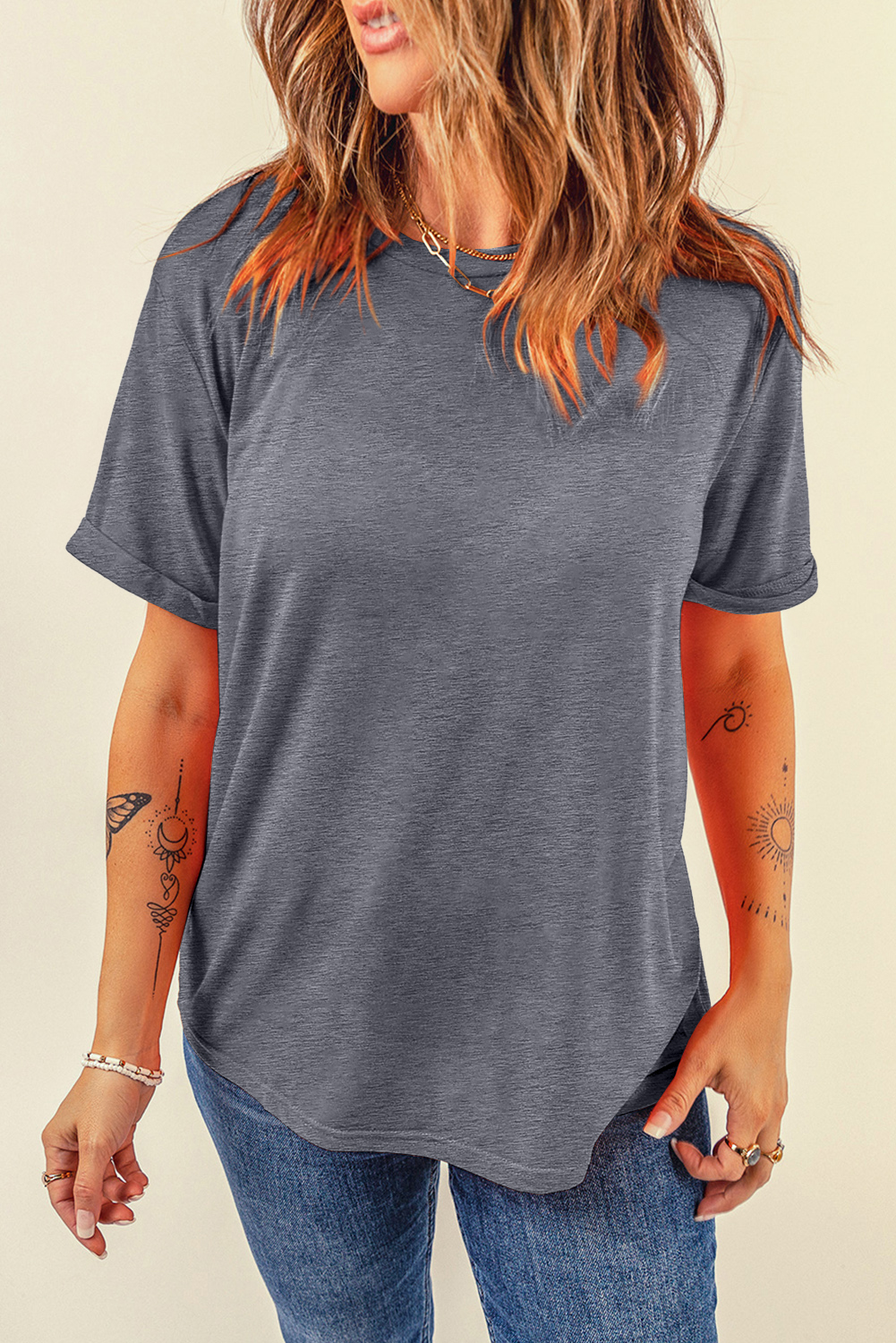 Women's Daily Basic Gray Tee, Versatile Short Sleeve Top - Detail View 3 Women's Daily Basic Gray Tee, Versatile Short Sleeve Top - Detail View 3