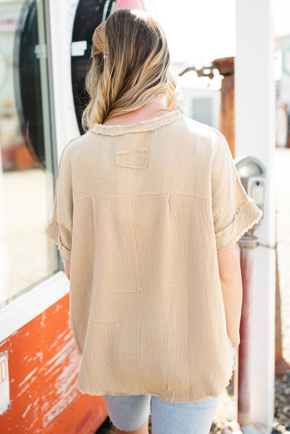 Relaxed Fit Women's Blouse, Raw Edge Parchment Casual Tee - Detail View 9 Relaxed Fit Women's Blouse, Raw Edge Parchment Casual Tee - Detail View 9