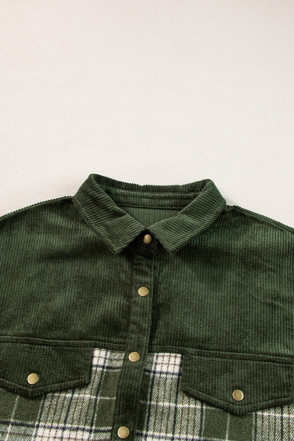 Women's Blackish Green Snap Buttons Colorblock Plaid Shacket - Detail View 11 Women's Blackish Green Snap Buttons Colorblock Plaid Shacket - Detail View 11