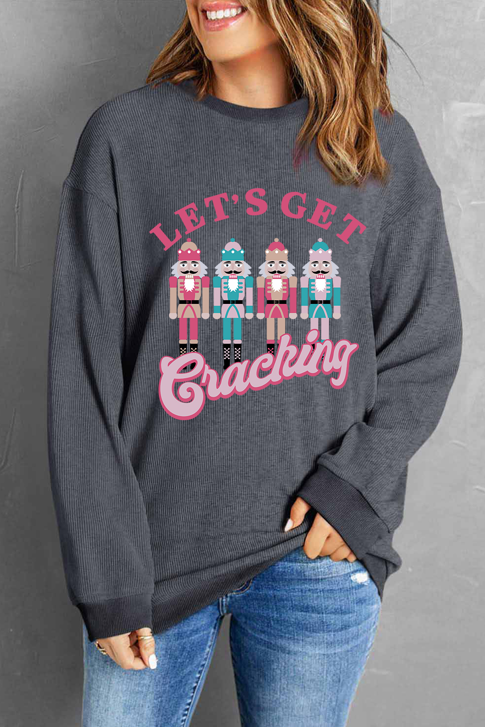Casual Gray Corded Sweatshirt, Women's Festive Graphic Top - Detail View 8 Casual Gray Corded Sweatshirt, Women's Festive Graphic Top - Detail View 8