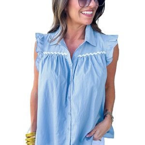 Women's Sleeveless Sky Blue Ric Rac Trim Frilly Shirt - Main View