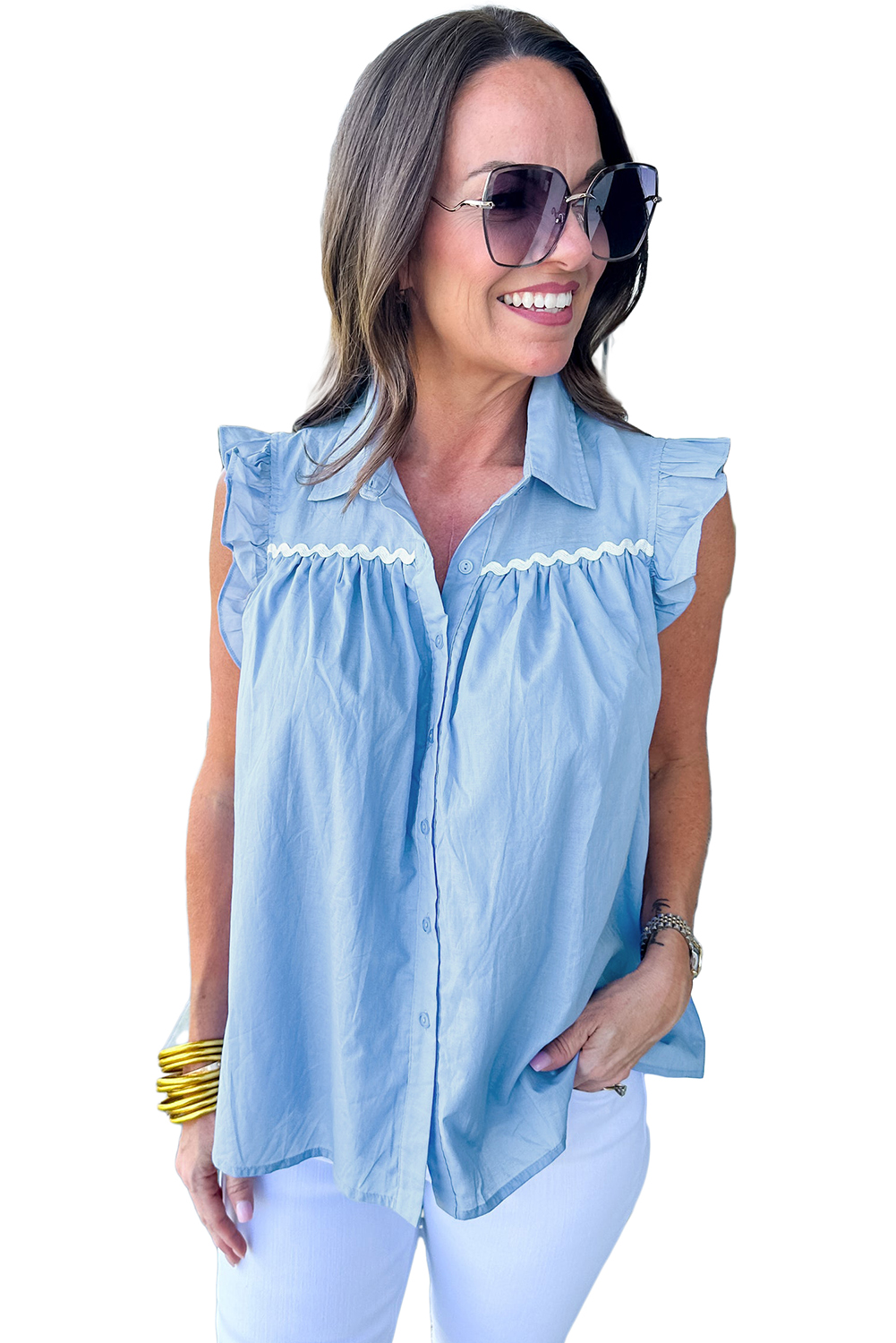 Women's Sleeveless Sky Blue Ric Rac Trim Frilly Shirt - Main View Women's Sleeveless Sky Blue Ric Rac Trim Frilly Shirt - Main View
