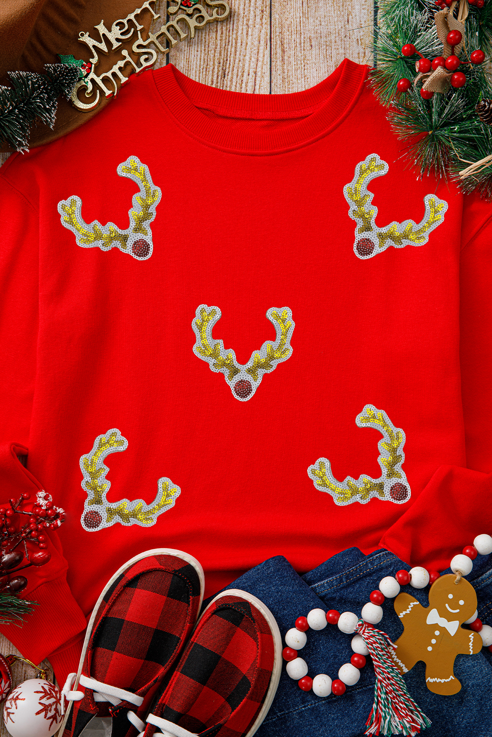 Festive Long Sleeve Graphic Sweatshirt with Deer Horn Patches - Perfect for Winter Celebrations - Detail View 6 Festive Long Sleeve Graphic Sweatshirt with Deer Horn Patches - Perfect for Winter Celebrations - Detail View 6