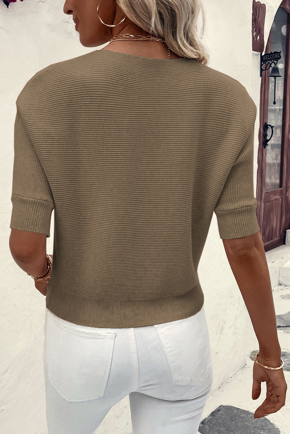 Casual Coffee Ribbed Sweater, Women's Solid Half Sleeve Top - Detail View 3 Casual Coffee Ribbed Sweater, Women's Solid Half Sleeve Top - Detail View 3