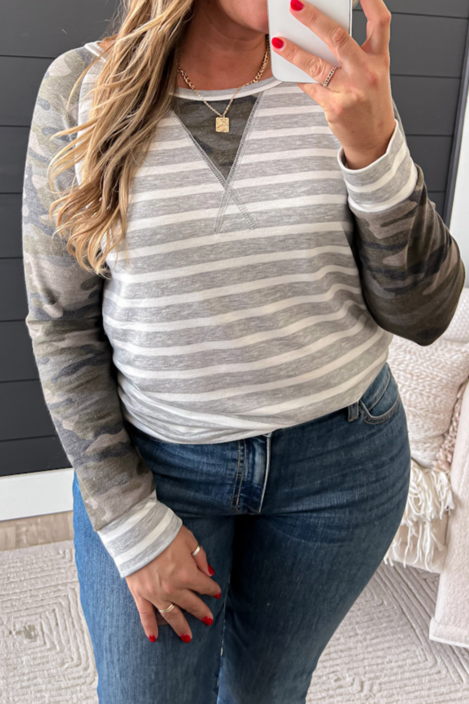 Women's Camo Sleeve Blouse, Casual Striped Colorblock Top - Detail View 7 Women's Camo Sleeve Blouse, Casual Striped Colorblock Top - Detail View 7