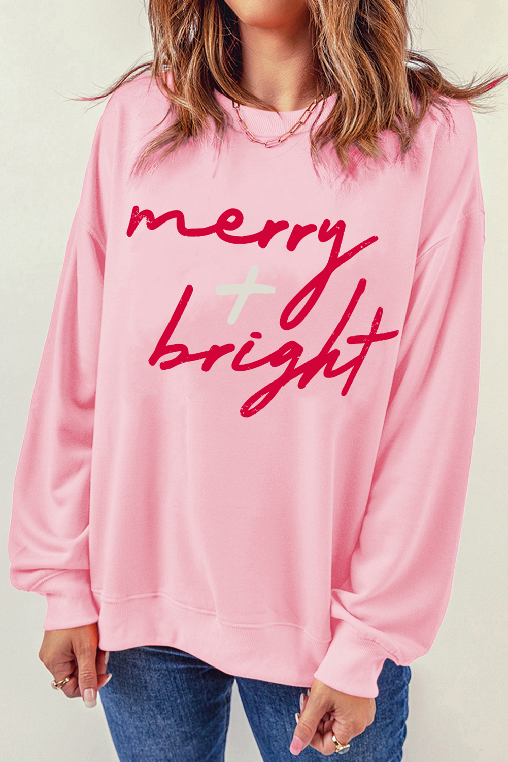 Women's Sweatshirt, Pink Christmas Sweatshirt, Graphic Sweatshirt, Merry Bright Design, Crew Neck, Long Sleeve, Casual Style, Holiday Apparel, Fall Fashion, Comfortable, Trendy, Daily Wear, Letter Pattern, Cozy Outfit - Detail View 4 Women's Sweatshirt, Pink Christmas Sweatshirt, Graphic Sweatshirt, Merry Bright Design, Crew Neck, Long Sleeve, Casual Style, Holiday Apparel, Fall Fashion, Comfortable, Trendy, Daily Wear, Letter Pattern, Cozy Outfit - Detail View 4