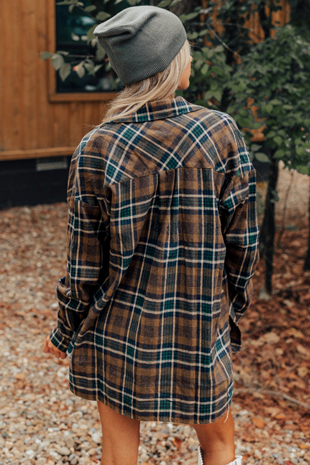 Versatile Shift Jacket with Button Up Style - Brown Plaid Print - Detail View 3 Versatile Shift Jacket with Button Up Style - Brown Plaid Print - Detail View 3