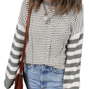 Women's Gray Stripe Geometric Textured Drop Shoulder Sweater - Main View