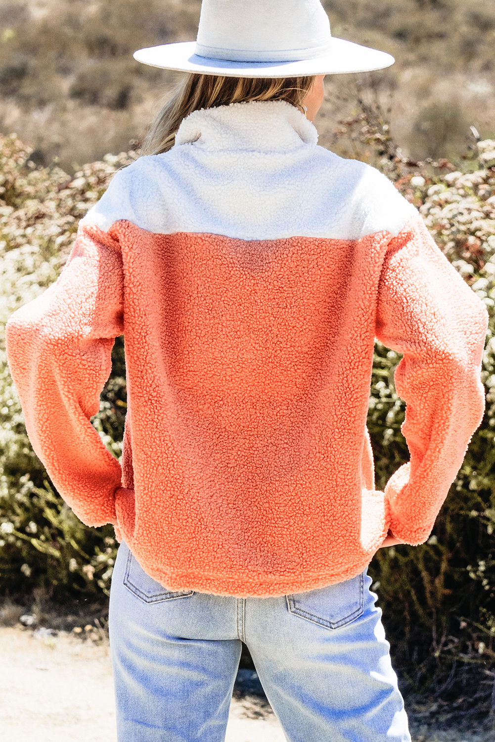 Cozy Winter Sherpa Sweatshirt - Orange Colorblock Design with Half Zipper and Stand Neck - Detail View 2 Cozy Winter Sherpa Sweatshirt - Orange Colorblock Design with Half Zipper and Stand Neck - Detail View 2