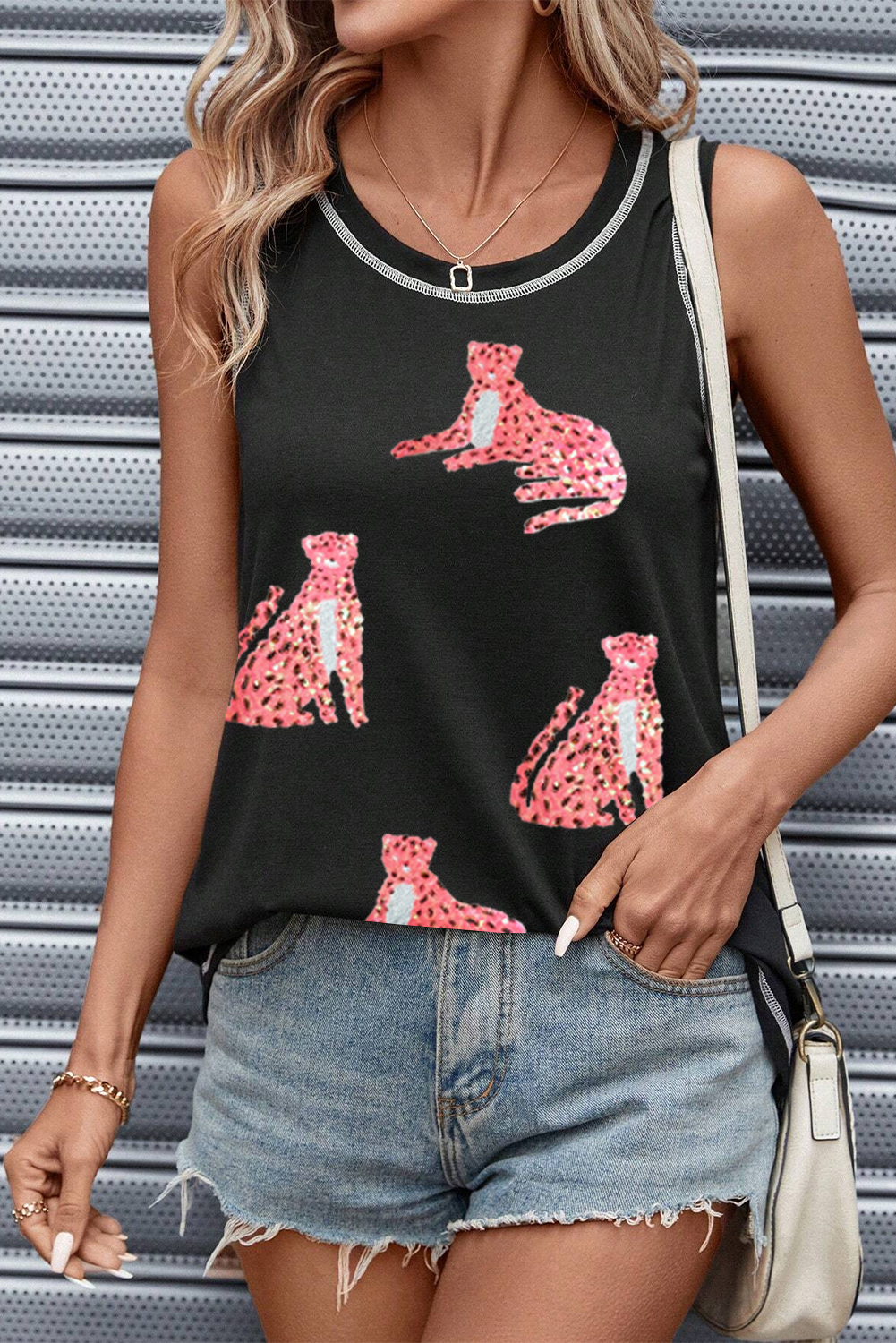 Women's Black Sequin Cheetah Round Neck Tank Top - Detail View 6 Women's Black Sequin Cheetah Round Neck Tank Top - Detail View 6
