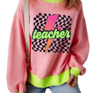 Women's Pink Teacher Lightning Checkered Print Color Block Sweatshirt - Main View