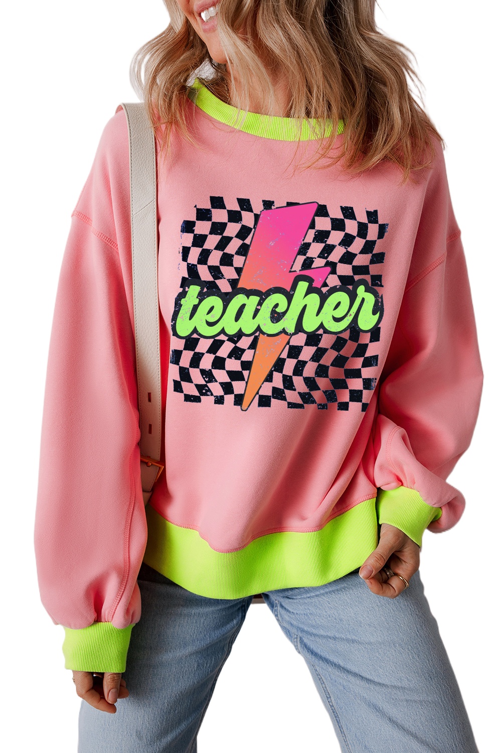 Women's Pink Teacher Lightning Checkered Print Color Block Sweatshirt - Main View Women's Pink Teacher Lightning Checkered Print Color Block Sweatshirt - Main View