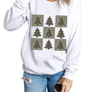 Women's Beige Christmas Tree Checker Print Drop Shoulder Sweatshirt - Main View