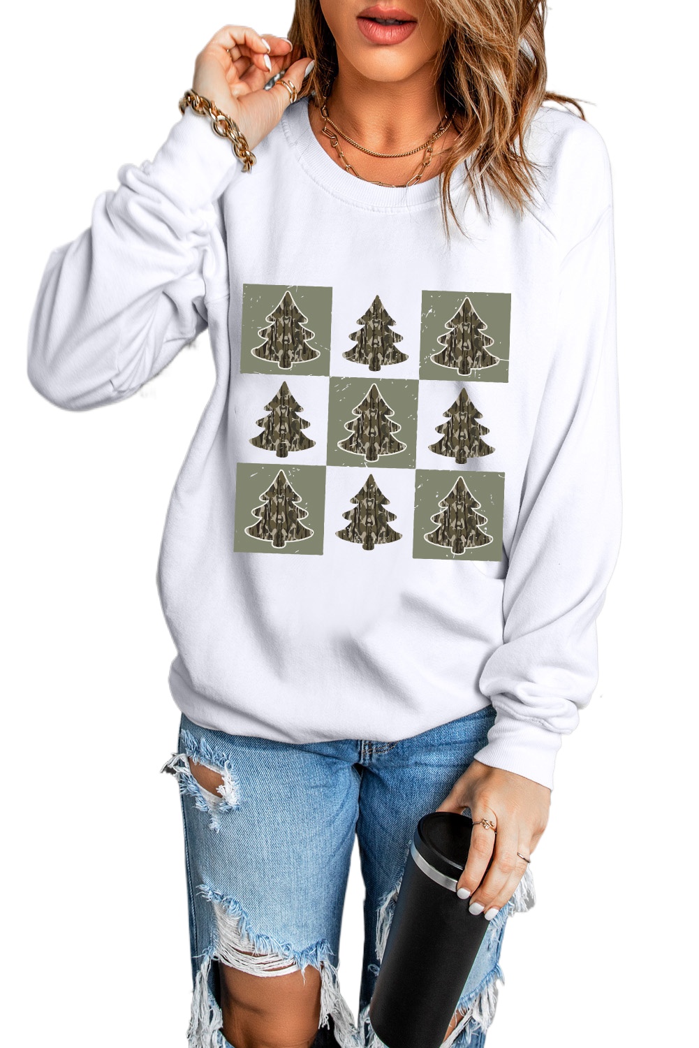 Women's Beige Christmas Tree Checker Print Drop Shoulder Sweatshirt - Main View Women's Beige Christmas Tree Checker Print Drop Shoulder Sweatshirt - Main View