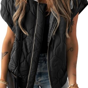 Women's Black Quilted Hooded Zip-Up Puffer Vest - Main View