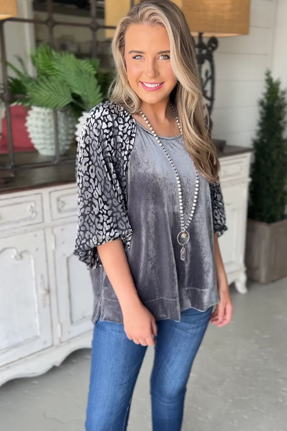Women's Velvet Leopard Blouse, Casual Grey Lantern Sleeve Top - Detail View 4 Women's Velvet Leopard Blouse, Casual Grey Lantern Sleeve Top - Detail View 4