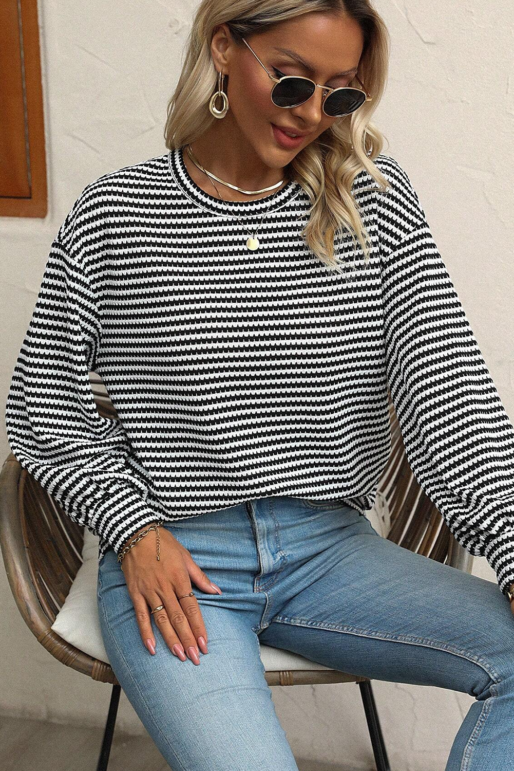 Effortlessly Chic Round Neck Striped Top - Black Stripe Design - Detail View 7 Effortlessly Chic Round Neck Striped Top - Black Stripe Design - Detail View 7
