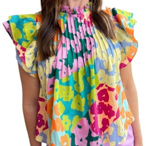 Women's Multicolour Abstract Print Pleated Flutter Sleeve Blouse - Main View