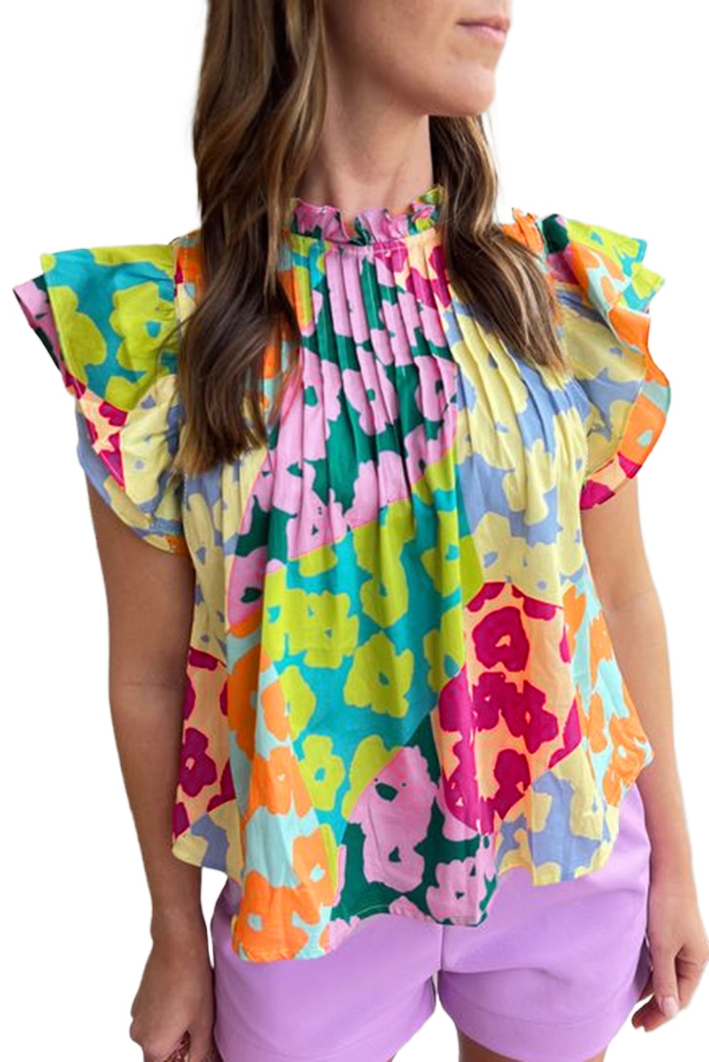Women's Multicolour Abstract Print Pleated Flutter Sleeve Blouse - Main View Women's Multicolour Abstract Print Pleated Flutter Sleeve Blouse - Main View