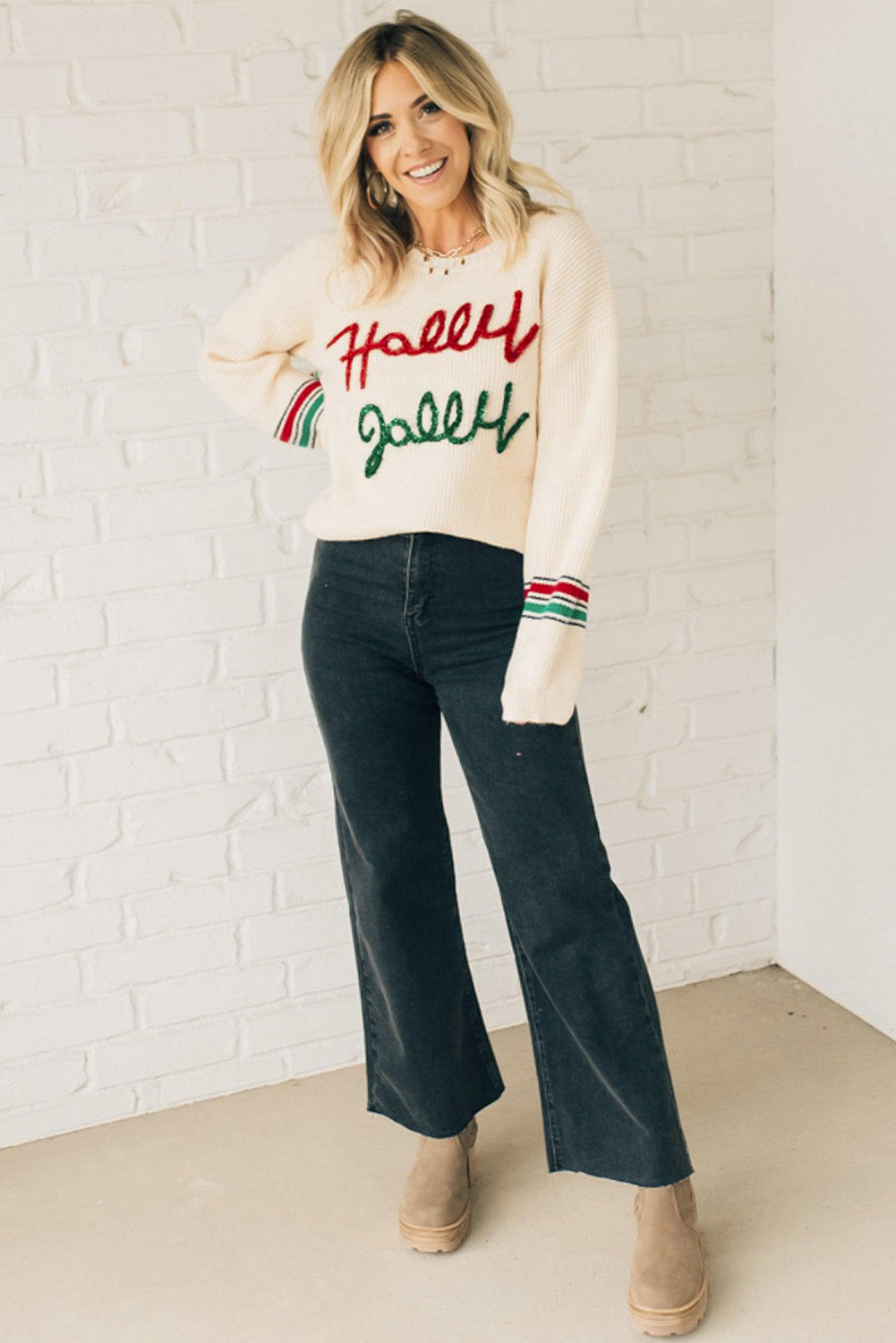 Stylish Loose Fit Christmas Sweater with Holly Jolly Graphic and Striped Sleeves - Detail View 10 Stylish Loose Fit Christmas Sweater with Holly Jolly Graphic and Striped Sleeves - Detail View 10
