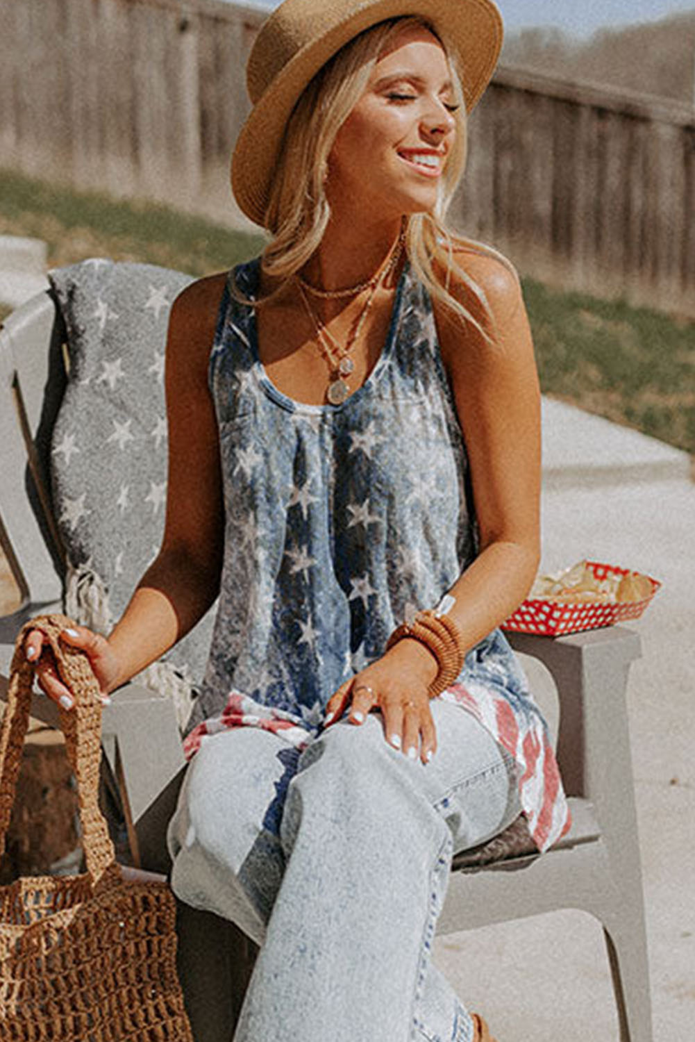 Casual Star Print Tank Top, Women's Blue Shift Summer Shirt - Detail View 8 Casual Star Print Tank Top, Women's Blue Shift Summer Shirt - Detail View 8