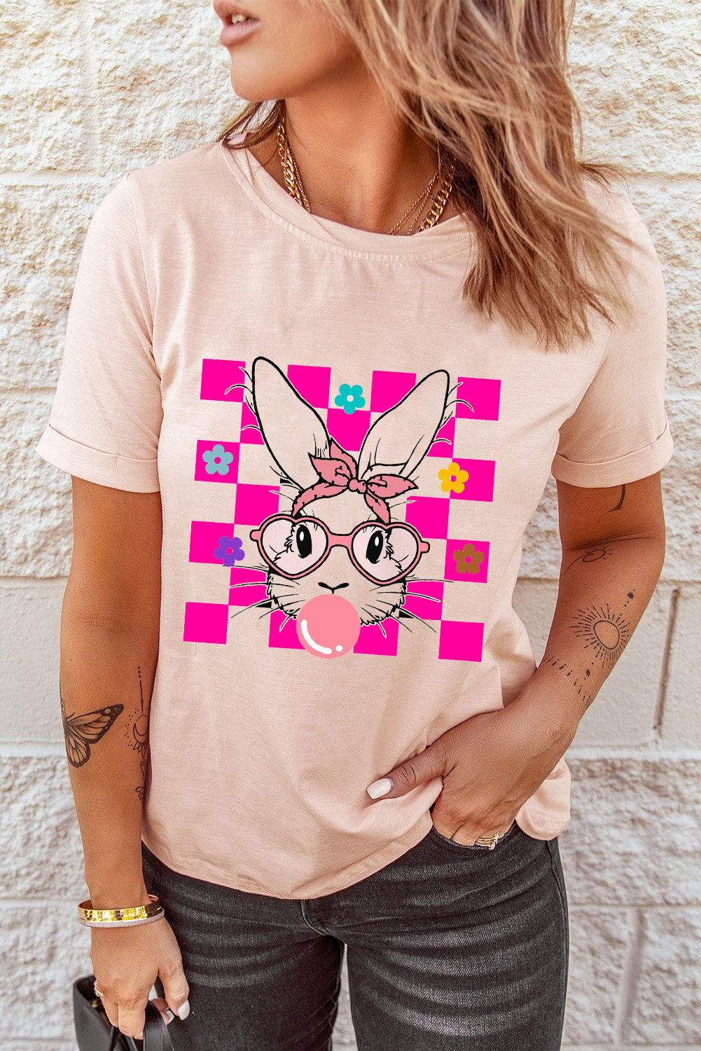 Women's Floral Plaid Bunny Shirt, Soft Daily Casual Tee - Detail View 3 Women's Floral Plaid Bunny Shirt, Soft Daily Casual Tee - Detail View 3