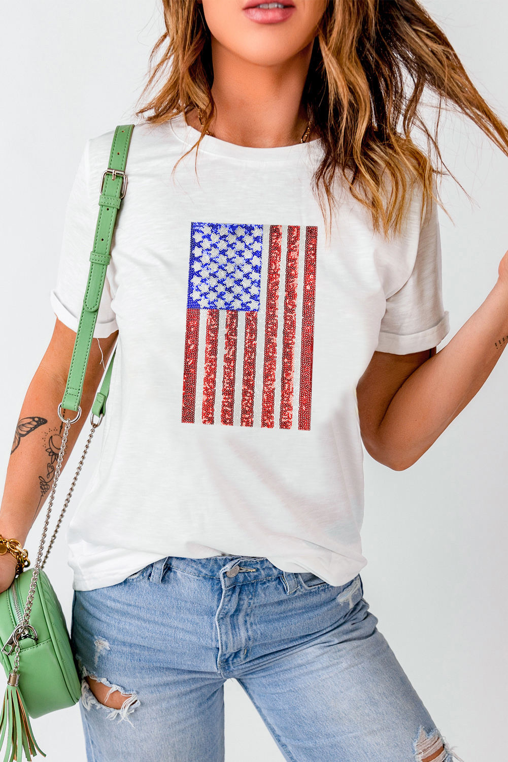 Women's Casual Flag Graphic Tee, White Summer Sequin Top - Detail View 2 Women's Casual Flag Graphic Tee, White Summer Sequin Top - Detail View 2