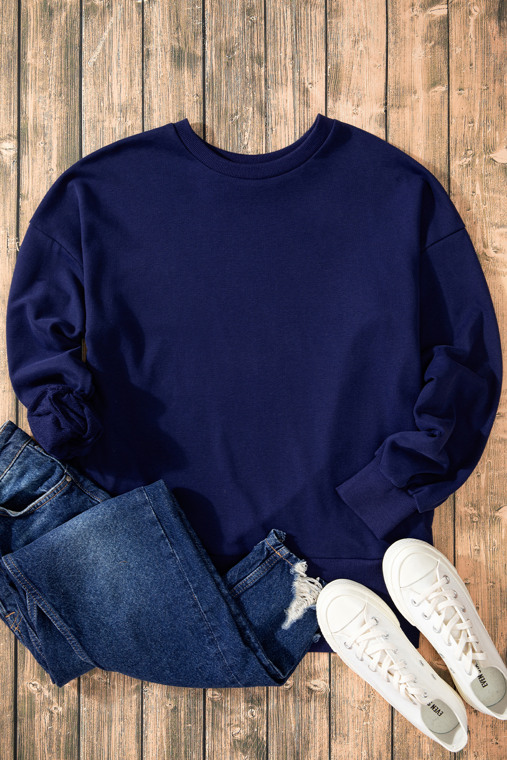 Women's Sweatshirt, Navy Blue, O Neck, High Low Hem, Casual Style, Comfortable Fit, Long Sleeve, Daily Wear, Solid Color, Versatile, Easy to Style, Tops, Sweatshirts & Hoodies, Winter Fashion, Laid Back Look - Detail View 4 Women's Sweatshirt, Navy Blue, O Neck, High Low Hem, Casual Style, Comfortable Fit, Long Sleeve, Daily Wear, Solid Color, Versatile, Easy to Style, Tops, Sweatshirts & Hoodies, Winter Fashion, Laid Back Look - Detail View 4