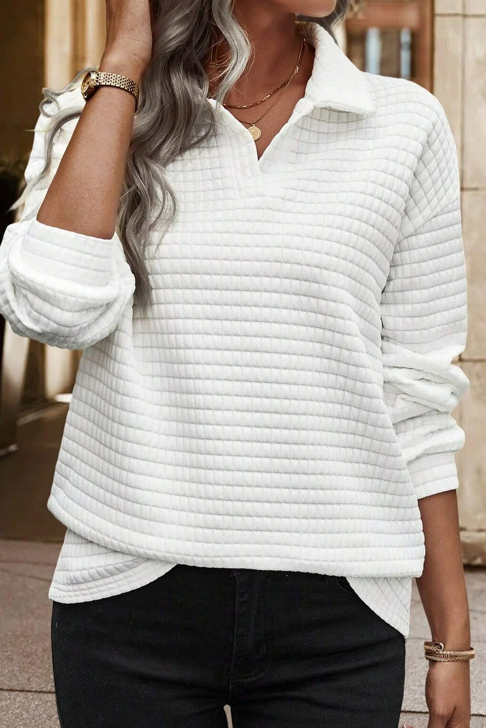 Chic and Casual White Long Sleeve Top with Split Neck and Collar - Detail View 2 Chic and Casual White Long Sleeve Top with Split Neck and Collar - Detail View 2