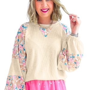 Women's Apricot Textured Floral Patchwork Balloon Sleeve Blouse - Main View