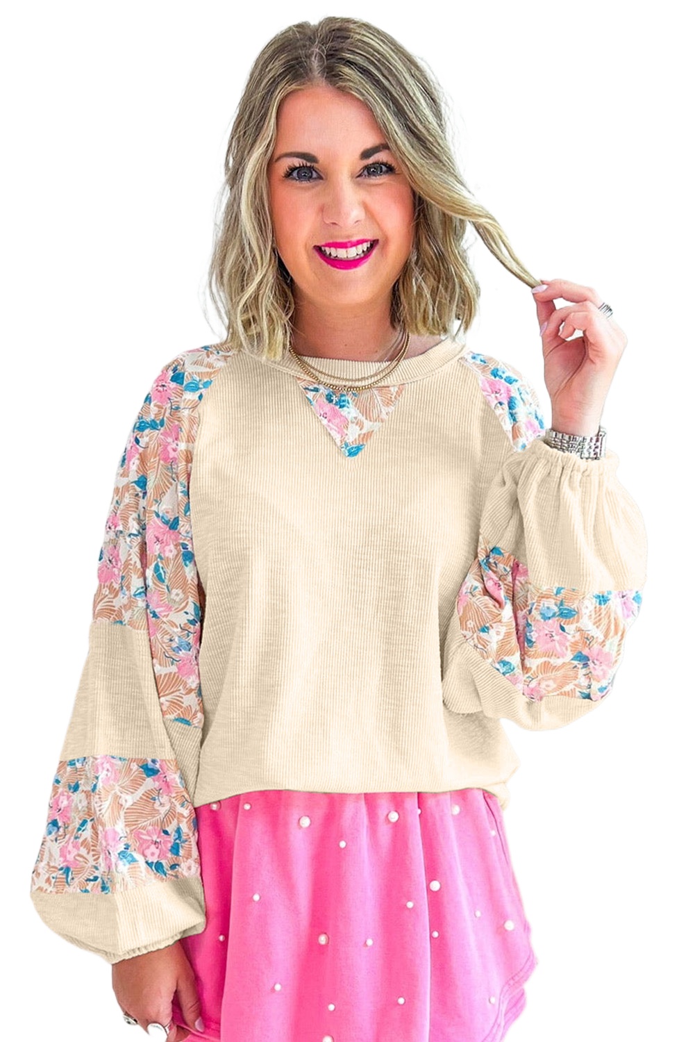 Women's Apricot Textured Floral Patchwork Balloon Sleeve Blouse - Main View Women's Apricot Textured Floral Patchwork Balloon Sleeve Blouse - Main View