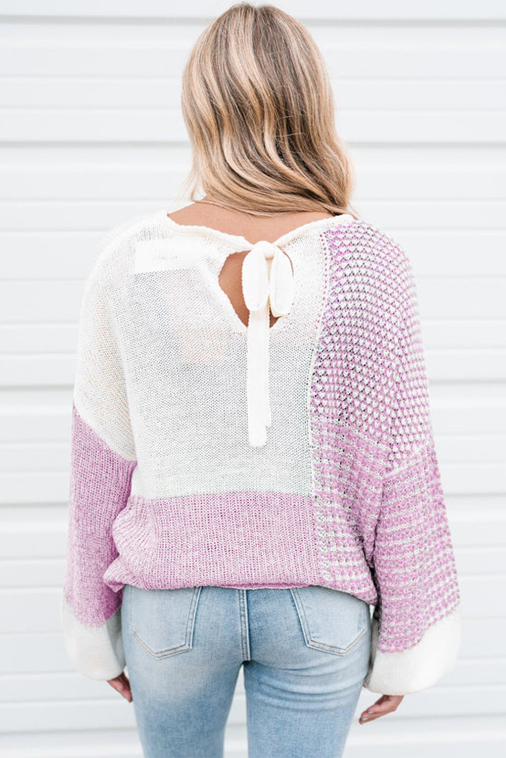 Stylish Long Sleeve Colorblock Sweater with Tie Back Design for Women - Detail View 2 Stylish Long Sleeve Colorblock Sweater with Tie Back Design for Women - Detail View 2