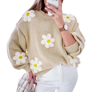 Women's Parchment Floral Crochet Chunky Knit Sweater - Main View