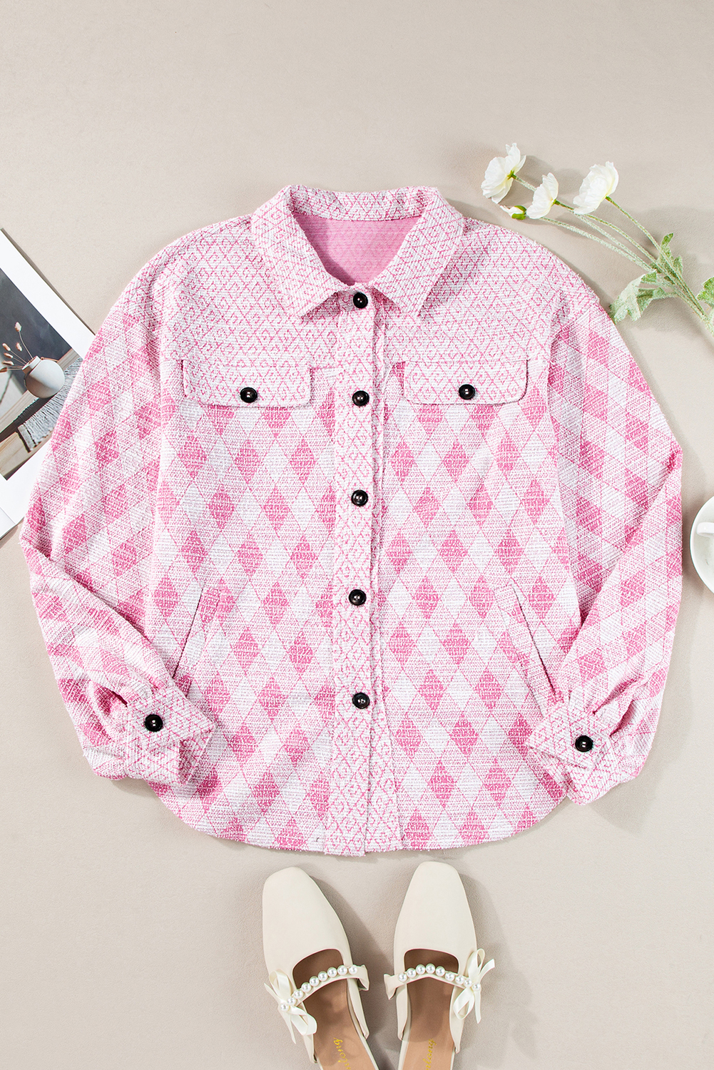 Women's Delicacy Geometric Print Textured Shacket with Chest Pocket - Detail View 6 Women's Delicacy Geometric Print Textured Shacket with Chest Pocket - Detail View 6
