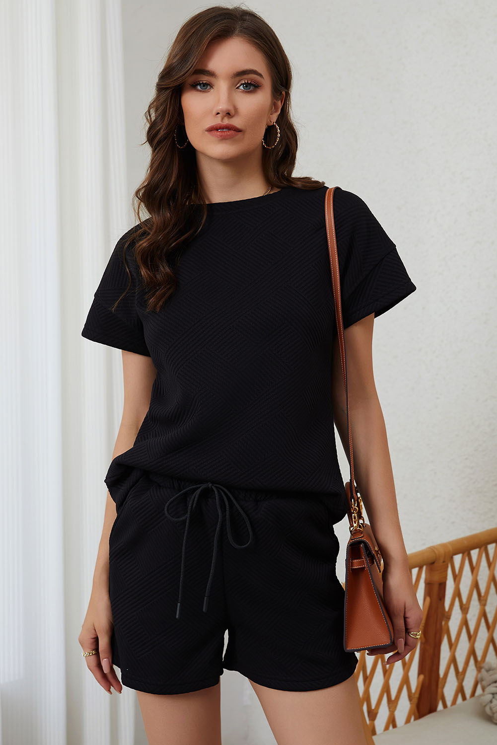 Chic Textured Lounge Set, Women's Round Neck Summer Shorts - Detail View 9 Chic Textured Lounge Set, Women's Round Neck Summer Shorts - Detail View 9