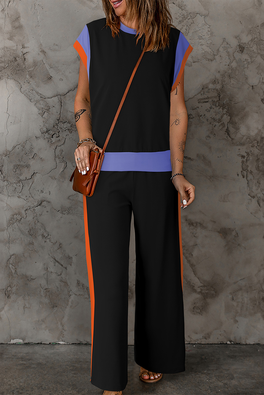 Trendy Colorblock Detail Set: Cap Sleeve Tee and Wide Leg Pants - Detail View 7 Trendy Colorblock Detail Set: Cap Sleeve Tee and Wide Leg Pants - Detail View 7