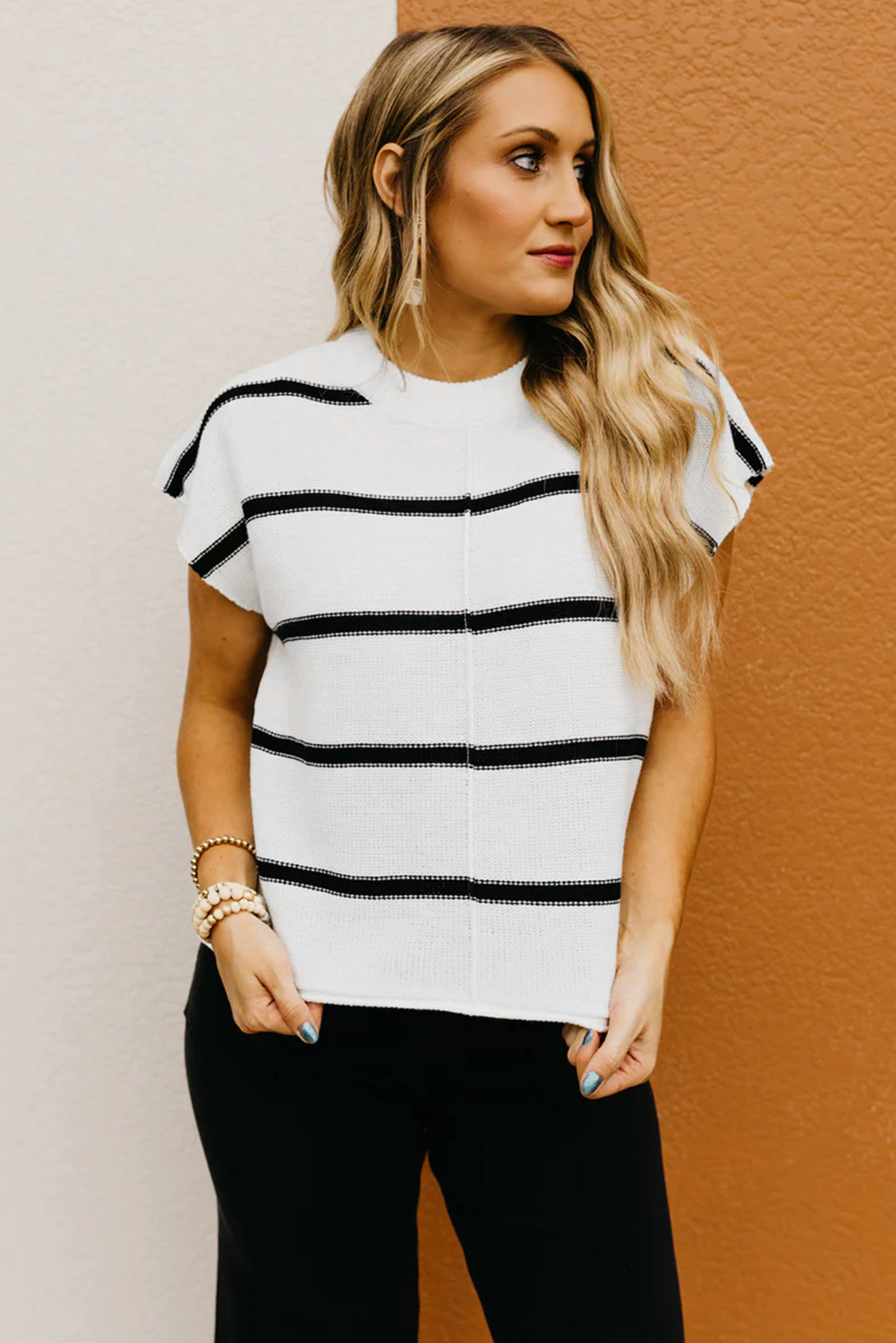 Fashionable Loose Fit Crew Neck Sweater Tee: White Striped Style - Detail View 7 Fashionable Loose Fit Crew Neck Sweater Tee: White Striped Style - Detail View 7