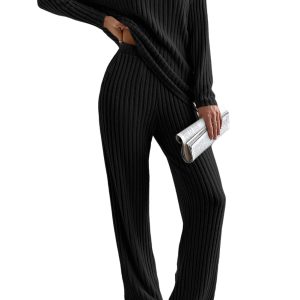 Women's Ribbed Knit Two Piece Set, Casual V Neck Lounge Outfit - Main View